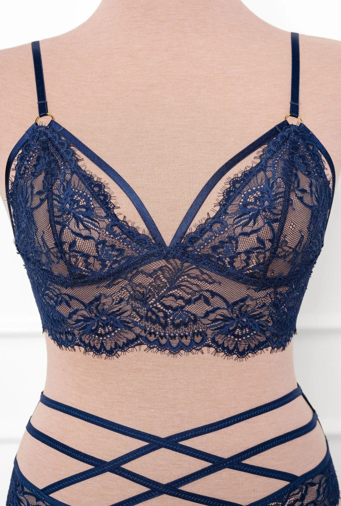 Eyelash Lace Caged Bralette - Navy