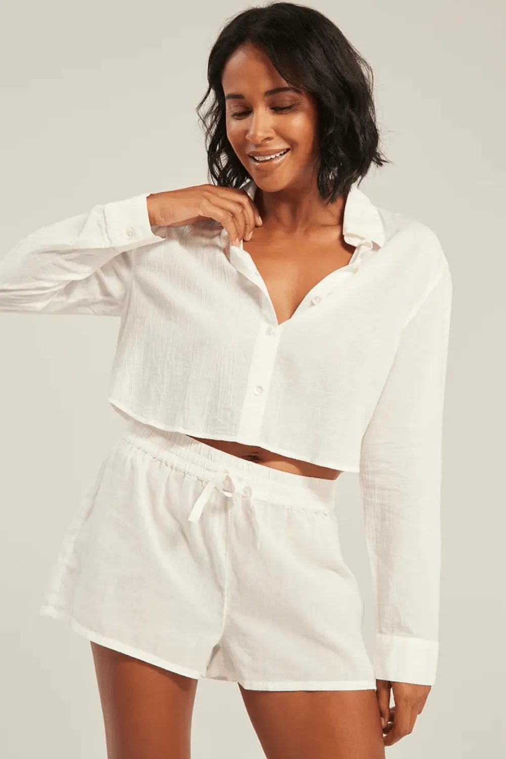 Organic Cotton Cropped PJ Shirt in White