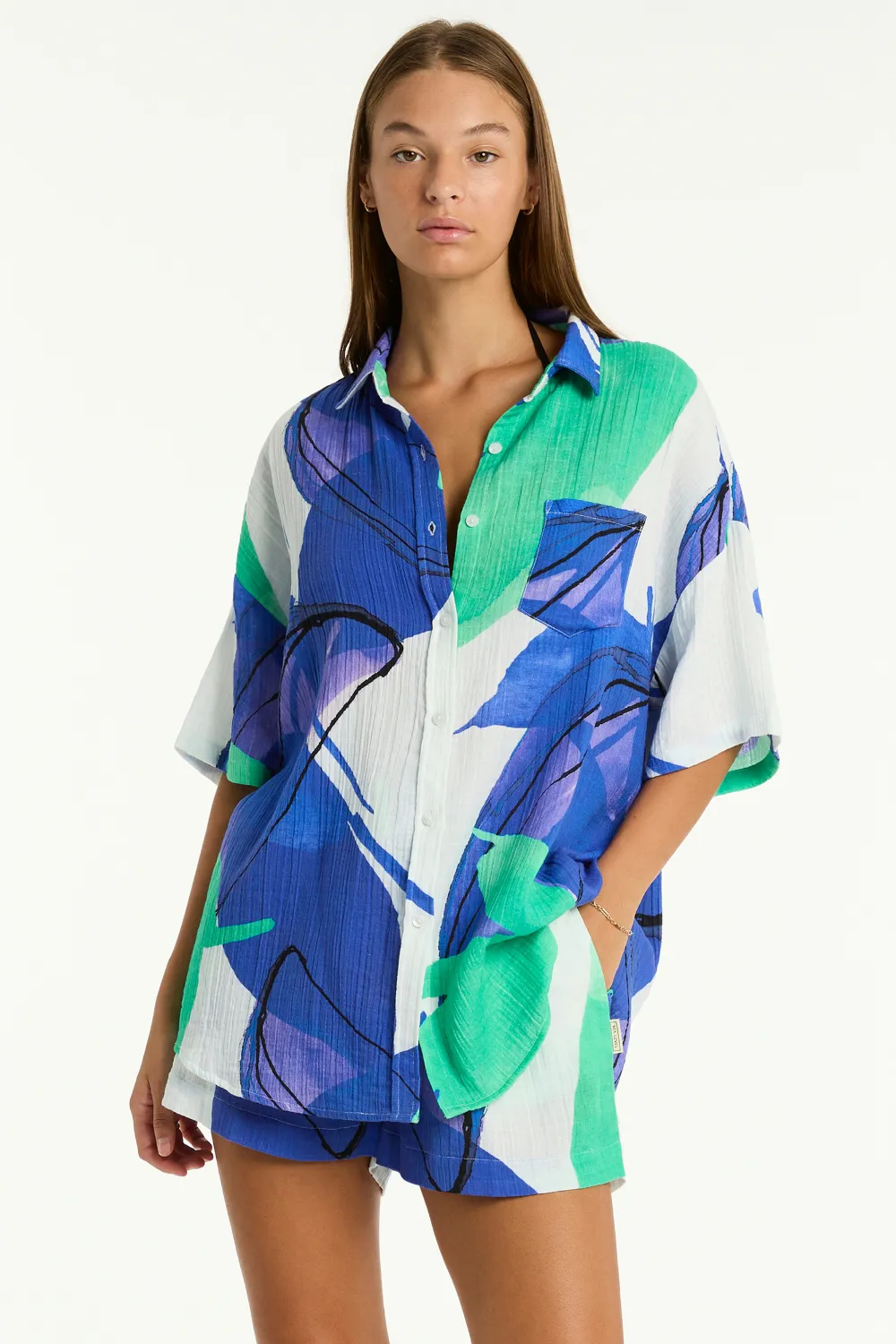 Sublime Aloha Cotton Beach Shirt in Cobalt