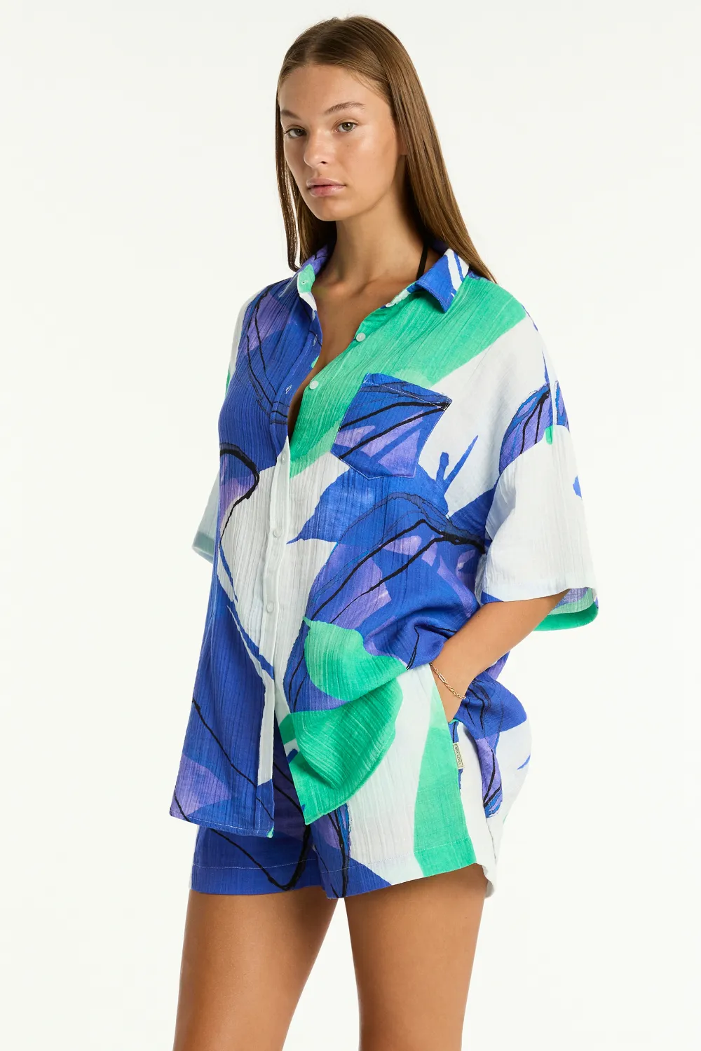 Sublime Aloha Cotton Beach Shirt in Cobalt
